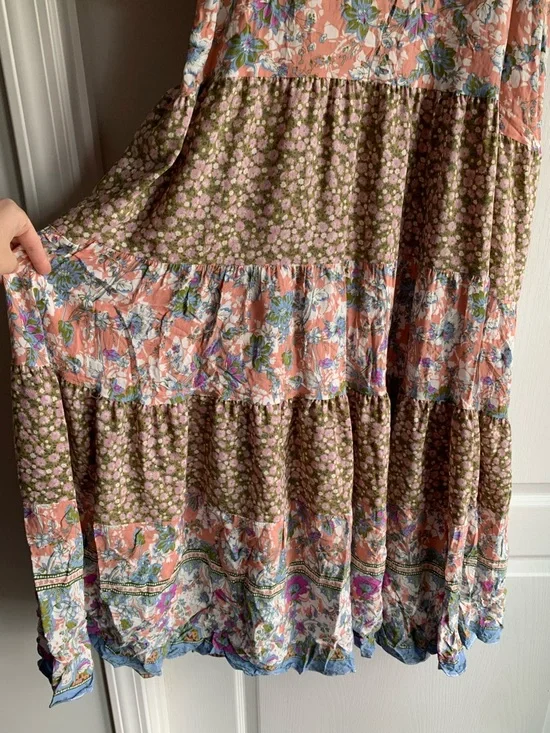 Gigio Floral boho Tiered Maxi Dress in Peach and Olive - Picture 4 of 6